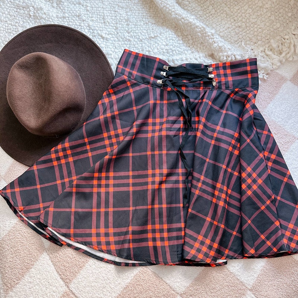 Glen Plaid Red and Black Skirt with Tie front. Schoolgirl academia style